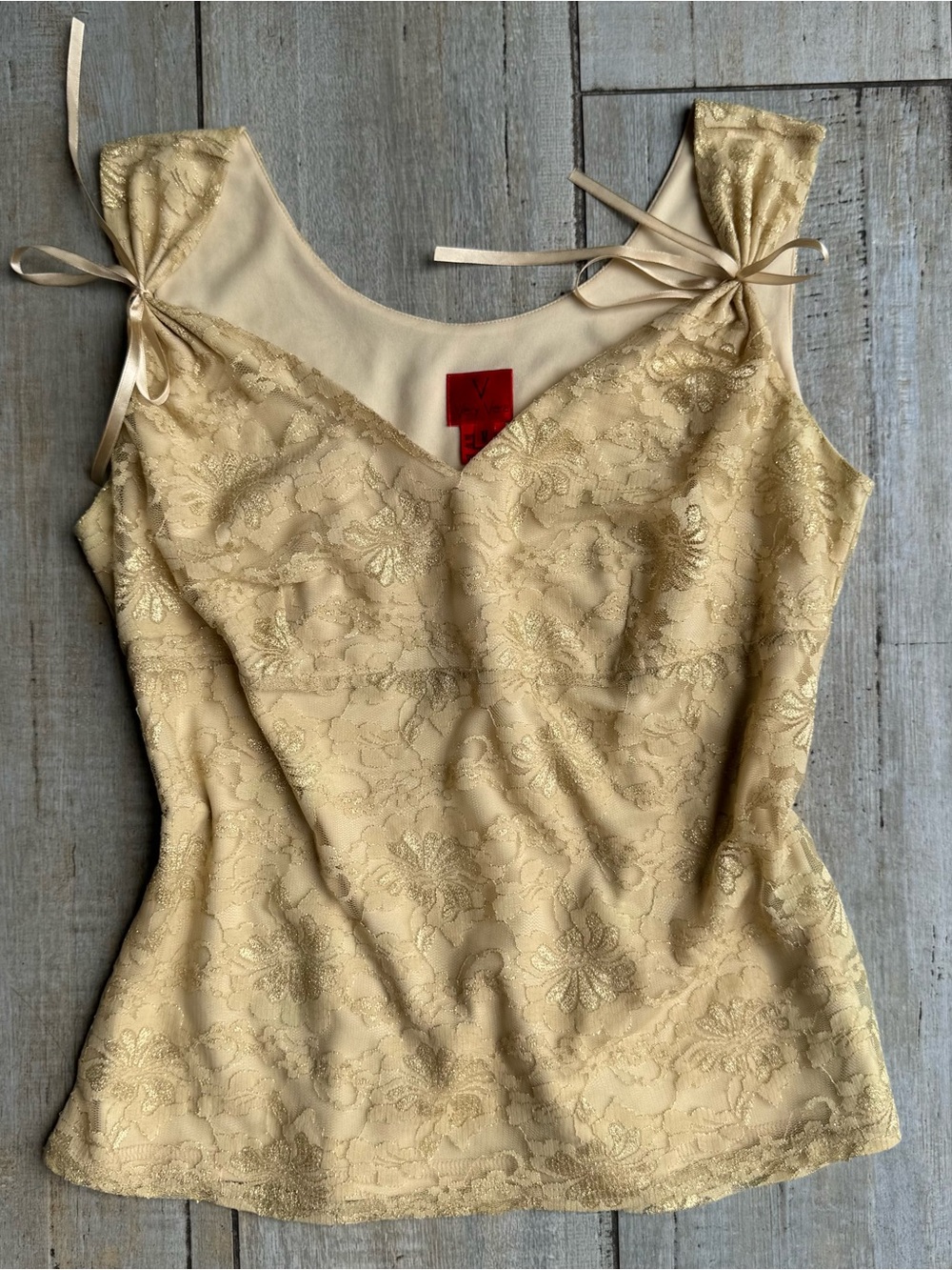 Very Vera Y2K Gold Brocade Floral Cami Top Y2K Lace Tie Straps Size Medium